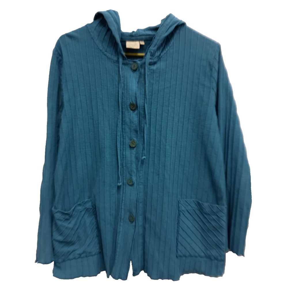Focus Lagenlook Artsy Hoodie Womens Size Small Blue‎ Ribbed Outdoor Casual